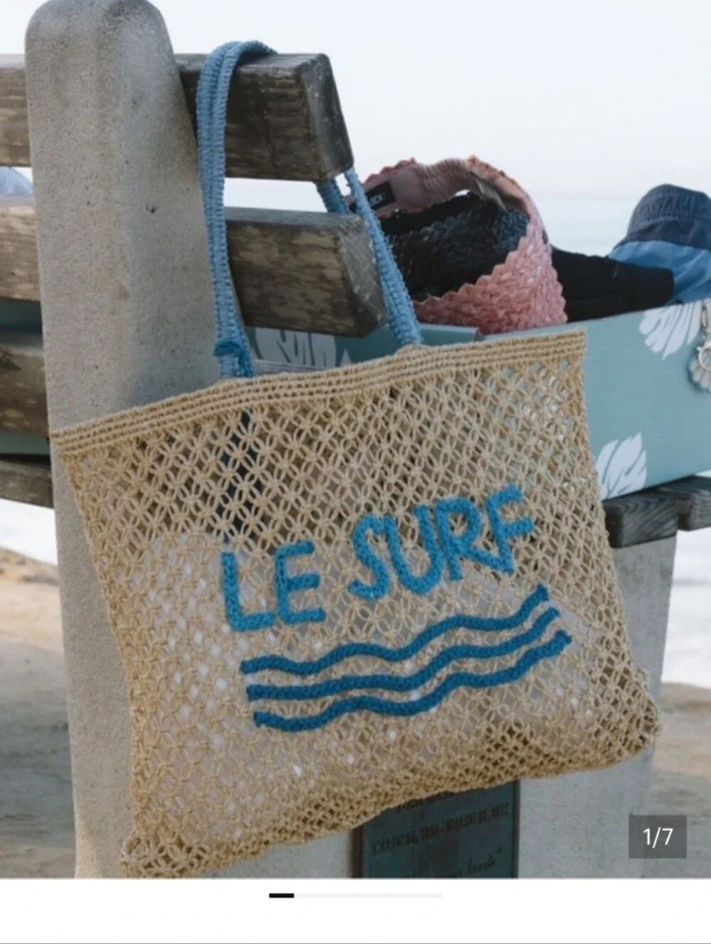 Lu & Elle ‘Le Surf’ Raffia Tote Bag with Blue Handles and Embroidery NWT